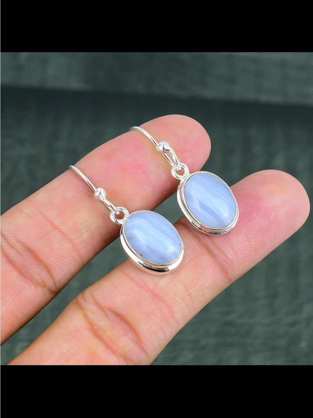 Blue Lace Agate Oval Drop Earrings - Sterling Silver